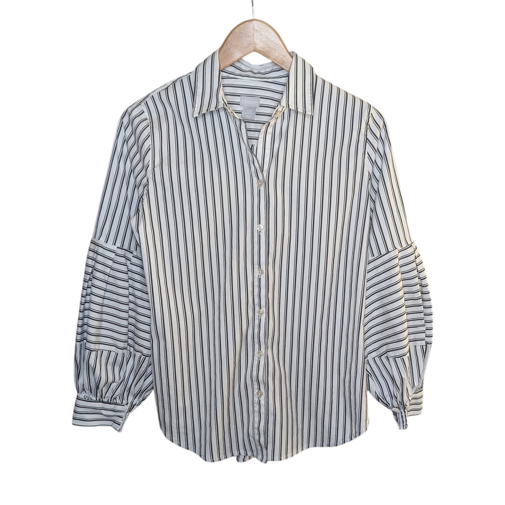 Chico’s Button Up Shirt Sz 0.5 Small Black White Striped Balloon Sleeve Stretch